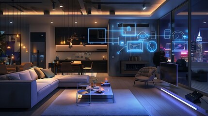 A high tech living area like a smart home hub with flashing active nodes