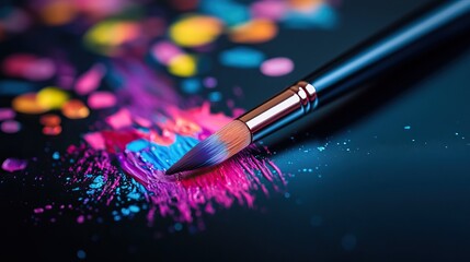 Fototapeta premium Vibrant paint splatters surround a brush, creating an artistic and colorful scene perfect for creativity and inspiration.