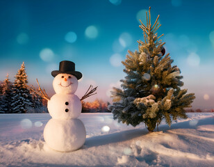 Obraz premium Holiday Magic: Snowman Beside a Glittering Christmas Tree at Twilight