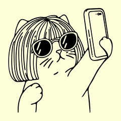 cool cat with stylish hair and sunglasses taking selfie on a phone retro sketch