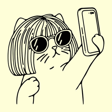 recommend clip art: cool cat with stylish hair and sunglasses taking selfie on a phone retro sketch