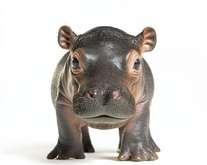 Fototapeta premium Hippo Calf - Tiny Baby Hippopotamus, 3 Months Old. Isolated on White Background