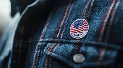 Close-up of a "Voted" Button with an American Flag on a Plaid Jacket