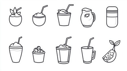 Yogurt and Cultured Dairy thin line icon set. Containing Greek yogurt, flavored yogurt, kefir, sour cream, and probiotic drinks