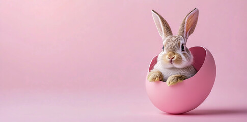 Obraz premium Cute Easter bunny inside an open pink egg on a pastel background
