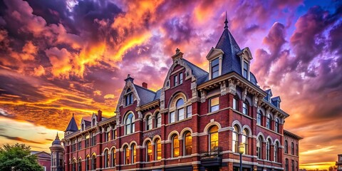 Vibrant purple sunset casts a warm glow on a historic brick building with ornate facades, standing proud against a serene, clouds-dotted evening sky.