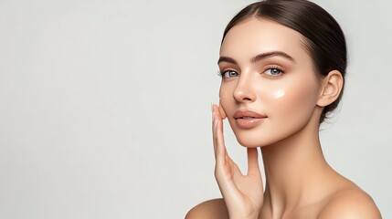 A woman with flawless skin gently applying a facial serum, standing against a clean white studio backdrop, emphasizing the importance of skincare products.The cream bottle has no text.