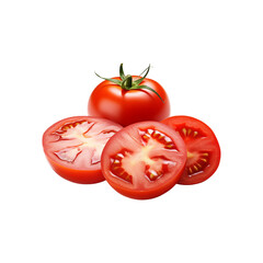 Fototapeta premium Whole tomato, three tomato slices on white background. Perfect for food blogs, recipes, kitchen decor, or healthy eating concepts. Generative AI