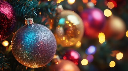 Fototapeta premium Close-up of colorful Christmas ornaments hanging on a tree, sparkling with lights, creating a festive atmosphere.