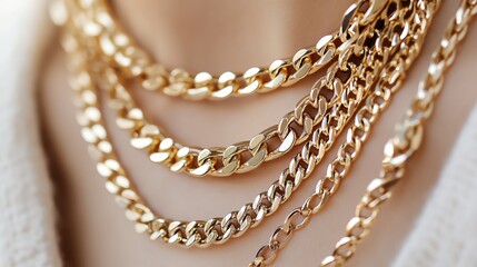 Obraz premium Close-up of elegant gold chains layered on a mannequin, showcasing luxury and style in jewelry fashion.