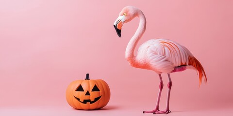Obraz premium Flamingo and Jack-o-lantern: Whimsical Halloween Duo on Pink Background