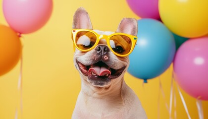 A fashionable dog wearing yellow shades, surrounded by festive balloons and enjoying a lively party scene with a drink in paw.
