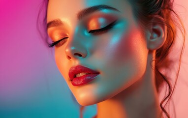 Fototapeta premium Beautiful makeup of a very attractive woman on a color background as in a photo studio. Studio soft light. 