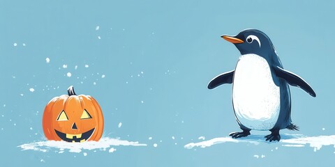 Obraz premium Playful Penguin with Jack-o'-lantern on Icy Blue Background