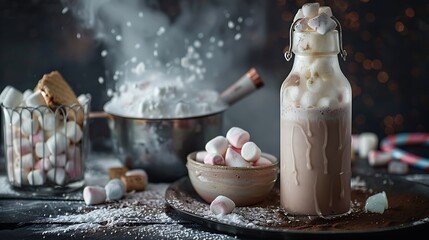 A large bottle of butter next to a dish of ice cocoa with marshmallows and candy on it
