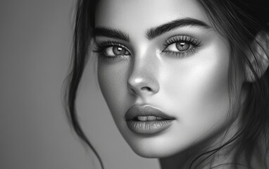 Fototapeta premium Beautiful makeup of a very attractive woman on a monochrome background as in a photo studio. Studio soft light.