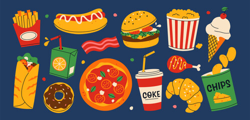 Fast food set. French fries, hamburger, hot dog, popcorn, shawarma, chips, pizza, coke, donut etc. Vector illustration of takeaway street food.