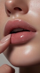 Close-up of glossy lips being gently touched by a fingertip, highlighting beauty and skincare aesthetics.