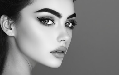 Fototapeta premium Beautiful makeup of a very attractive woman on a monochrome background as in a photo studio. Studio soft light.