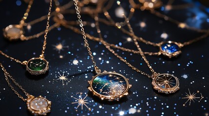 Elegant gold necklaces featuring celestial designs, set against a shimmering starry background, perfect for showcasing elegance.
