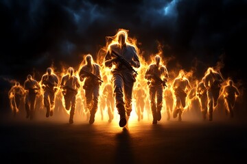 Fototapeta premium A forgotten battlefield, with the ghostly forms of soldiers still marching, trapped in eternal combat