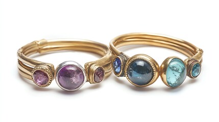 Elegant gold rings adorned with colorful gemstones, showcasing intricate design and craftsmanship, perfect for fashion enthusiasts.