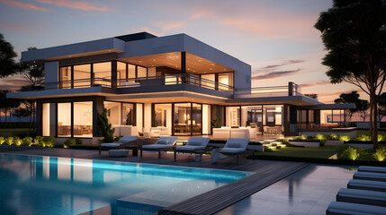 Fototapeta premium Luxury Real Estate: Majestic Modern Estate Under the Twilight Sky