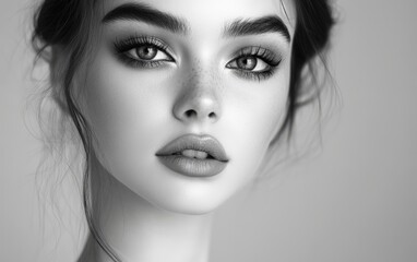 Fototapeta premium Beautiful makeup of a very attractive woman on a monochrome background as in a photo studio. Studio soft light.