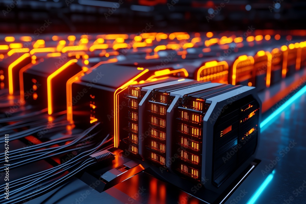 Poster A futuristic server room with glowing databases, featuring rows of data storage units and fiber optic cables