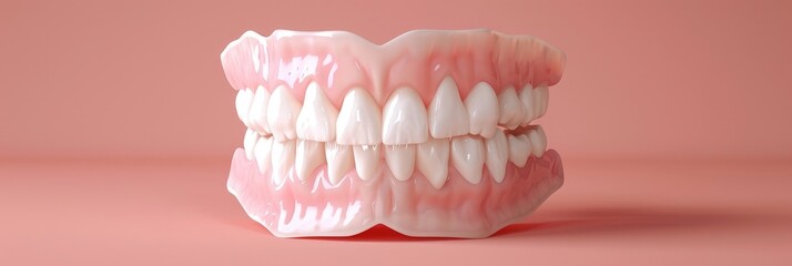 Obraz premium Close-up view of a realistic dental model showcasing natural teeth and gums against a soft pink background