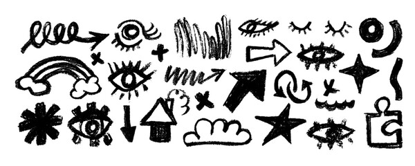 Collection of hand drawn black charcoal doodle shapes and squiggles in childish girly style. Pencil drawings isolated on white. Eyes, stars, arrows, rainbow and cloud doodle collage elements.
