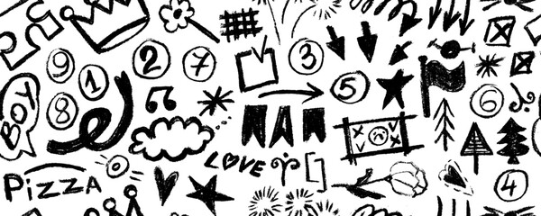 Vector seamless pattern of hand drawn  charcoal doodle shapes and squiggles in childish girly style. Pencil drawings isolated on white. Crown, arrows, flower, christmas tree,  numbers and grid doodle 