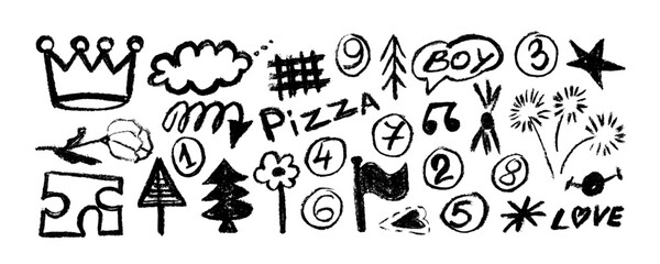 Collection of hand drawn  charcoal doodle shapes and squiggles in childish girly style. Pencil drawings . Crown, arrows, flower, christmas tree,  numbers and grid doodle collage elements