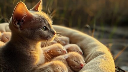 Fototapeta premium Sweet Dreams: Two adorable tabby kittens snuggle close together in a cozy bed, their eyes closed in peaceful slumber. A heartwarming image of pure innocence and the joy of companionship. 