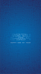 2024 Happy end of Year Greetings. 2024 template for Stories and Reels. Social media template cover with cyberspace high tech typography, on blue maze ornament background