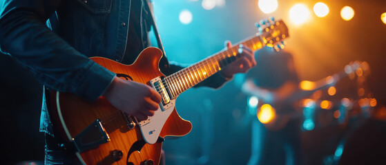 Obraz premium A musician playing an electric guitar on stage with vibrant lighting.