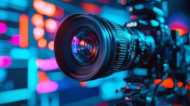 Video camera lens on a clean surface, emphasizing its sleek design and intricate details, surrounded by an airy atmosphere that enhances its visual appeal