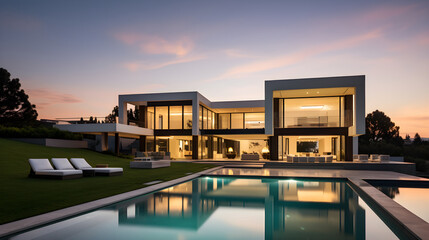 Fototapeta premium Luxury Real Estate: Majestic Modern Estate Under the Twilight Sky