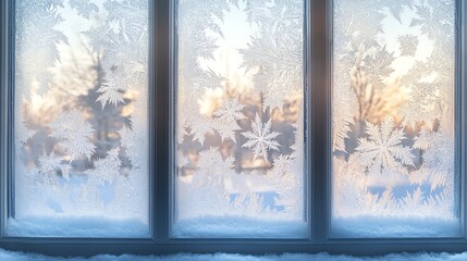 Frosted windowpane with intricate ice patterns and a soft sunset glow, creating a serene winter atmosphere.