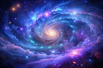 Vibrant swirls of purple and blue gas engulf distant stars in a stunning deep space cosmos, exemplifying the breathtaking beauty of physical cosmology in the galaxy.