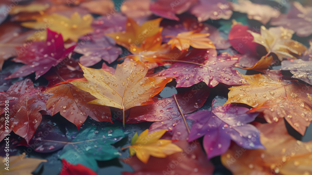 Wall mural A vibrant collection of autumn leaves with droplets, showcasing seasonal beauty.