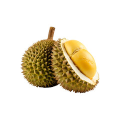 Two spiky durian fruits with one open, showcasing the vibrant yellow flesh inside, are perfect for food blogs, tropical themes, or culinary designs. Generative AI