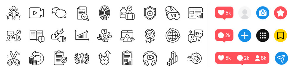 Globe, Cut and Ranking line icons pack. Social media icons. Electricity plug, Time management, Timer web icon. Messenger, Fingerprint, Web report pictogram. Vector
