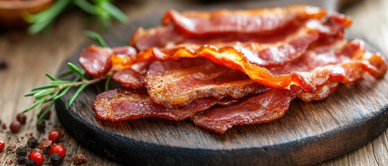 Crispy bacon strips arranged on a wooden platter, garnished with herbs.