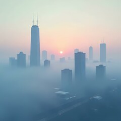 A tranquil city skyline at sunrise, tall skyscrapers fading into the distance under a soft fog. The sun is barely visible through the mist, casting a hazy glow over the entire scene