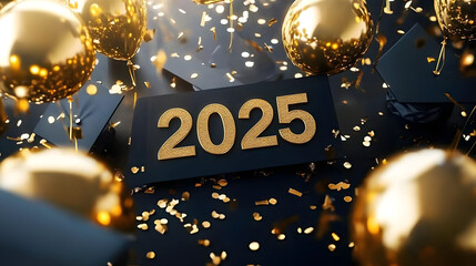 Graduation caps and golden balloons surround the shimmering year 2025, creating a festive atmosphere adorned with sparkling confetti