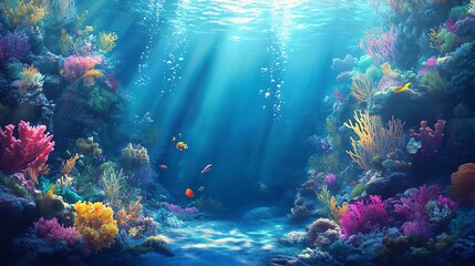 Vibrant underwater scene with colorful corals and gentle sunlight illuminating the ocean floor, showcasing marine beauty.