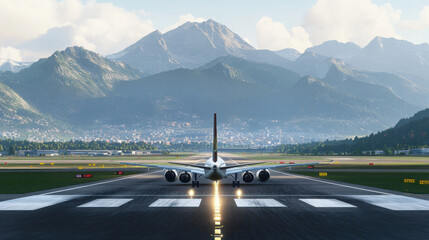 Fototapeta premium A large aircraft on a runway with mountains in the background under a clear sky.