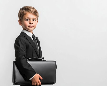 Young boy in a suit with a briefcase, channeling professional charm and early business ambition.
