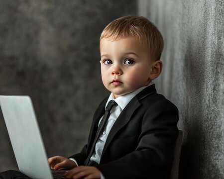 Adorable toddler in a black business suit working on a laptop, portraying a playful yet professional business vibe.
